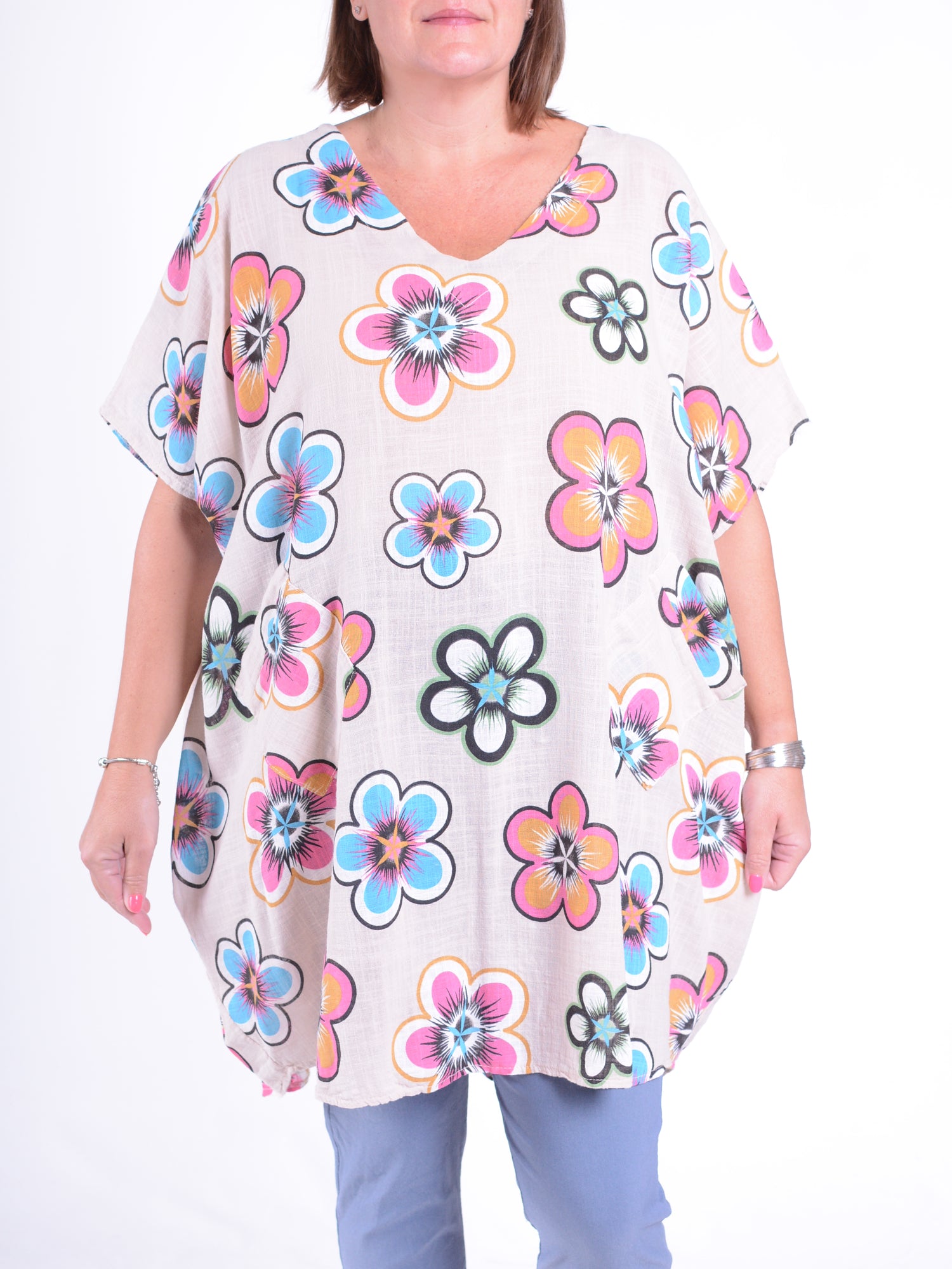Lightweight Cotton Flower Print Tunic - 10162, , Pure Plus Clothing, Lagenlook Clothing, Plus Size Fashion, Over 50 Fashion