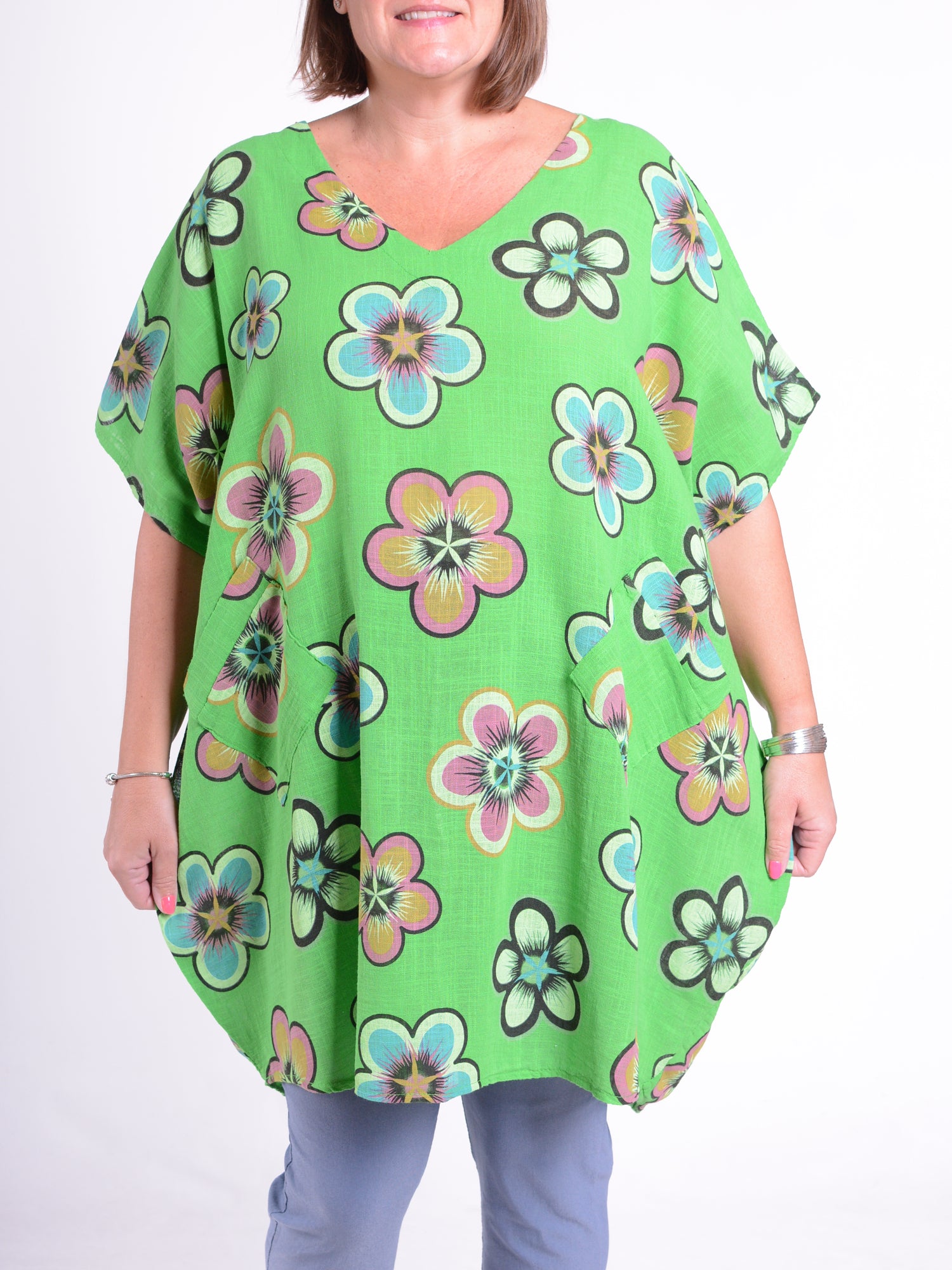 Lightweight Cotton Flower Print Tunic - 10162, , Pure Plus Clothing, Lagenlook Clothing, Plus Size Fashion, Over 50 Fashion