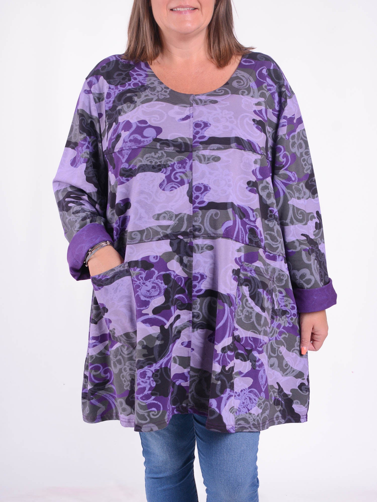 Long Sleeved Stitch Tunic Top - 105151 PATTERNED, Tops & Shirts, Pure Plus Clothing, Lagenlook Clothing, Plus Size Fashion, Over 50 Fashion