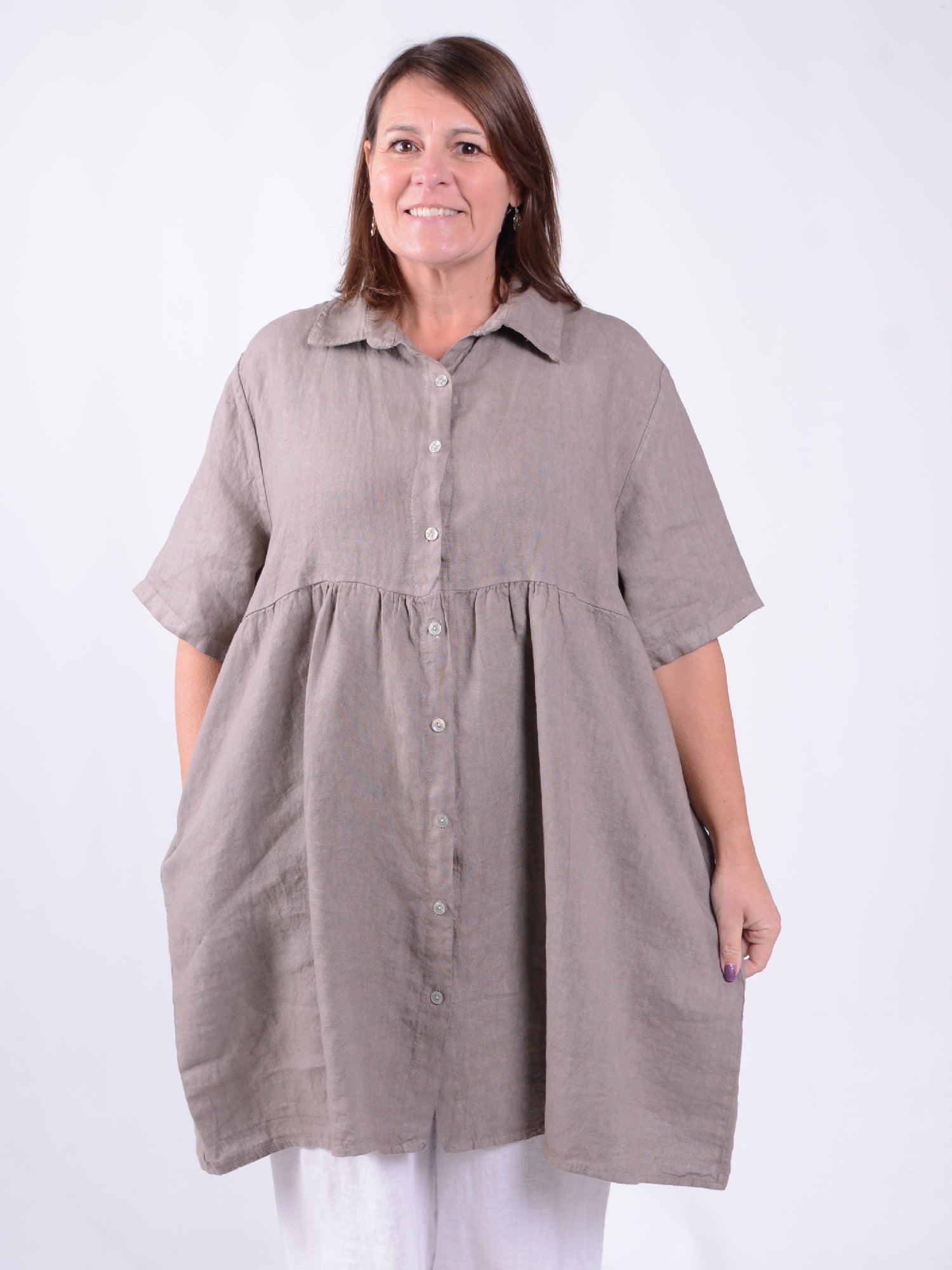 Linen Button Through Tunic Dress - 13150, , Pure Plus Clothing, Lagenlook Clothing, Plus Size Fashion, Over 50 Fashion