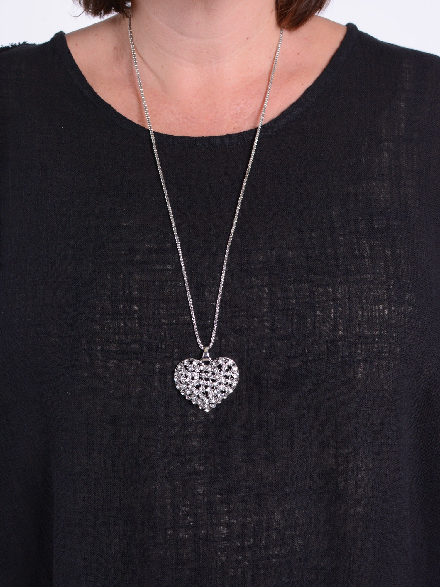 Rhinestone Heart Long Necklace Silver - 6484, Necklaces & Pendants, Pure Plus Clothing, Lagenlook Clothing, Plus Size Fashion, Over 50 Fashion