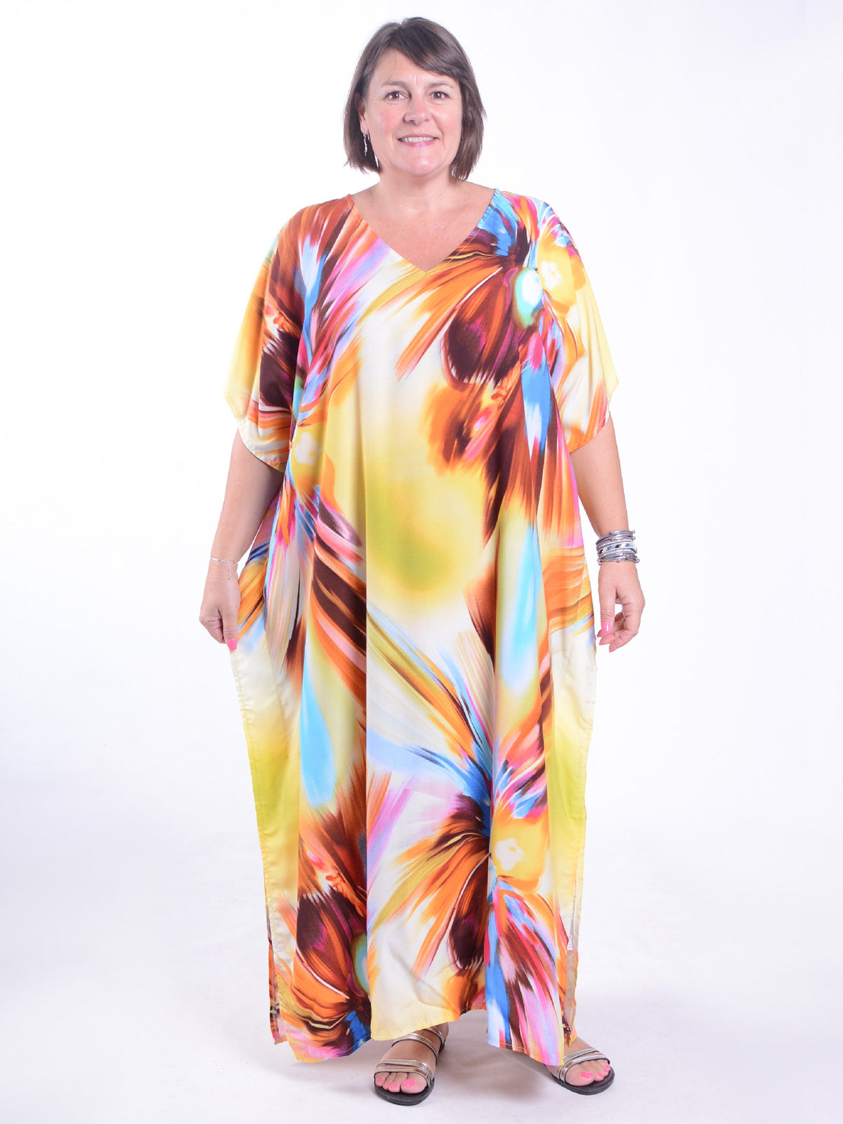 Yellow Multi Kaftan - KAF7, , Pure Plus Clothing, Lagenlook Clothing, Plus Size Fashion, Over 50 Fashion
