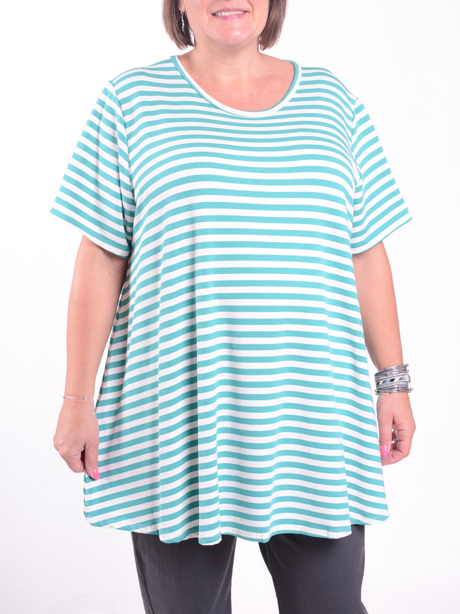 Basic Cotton Swing T Shirt - Round Neck 10516 STRIPE, Tops & Shirts, Pure Plus Clothing, Lagenlook Clothing, Plus Size Fashion, Over 50 Fashion