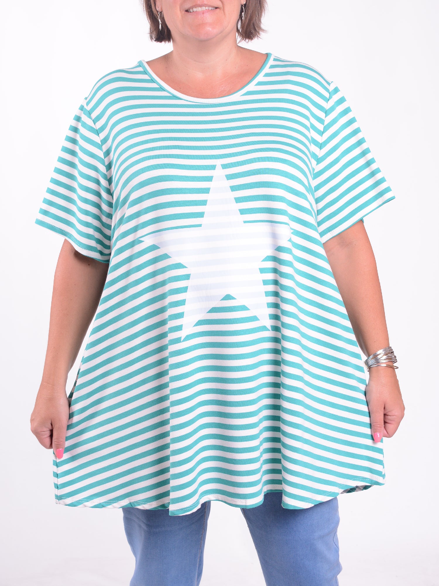 Striped Star Cotton Swing T Shirt -  10516 STRIPE STAR, Tops & Shirts, Pure Plus Clothing, Lagenlook Clothing, Plus Size Fashion, Over 50 Fashion