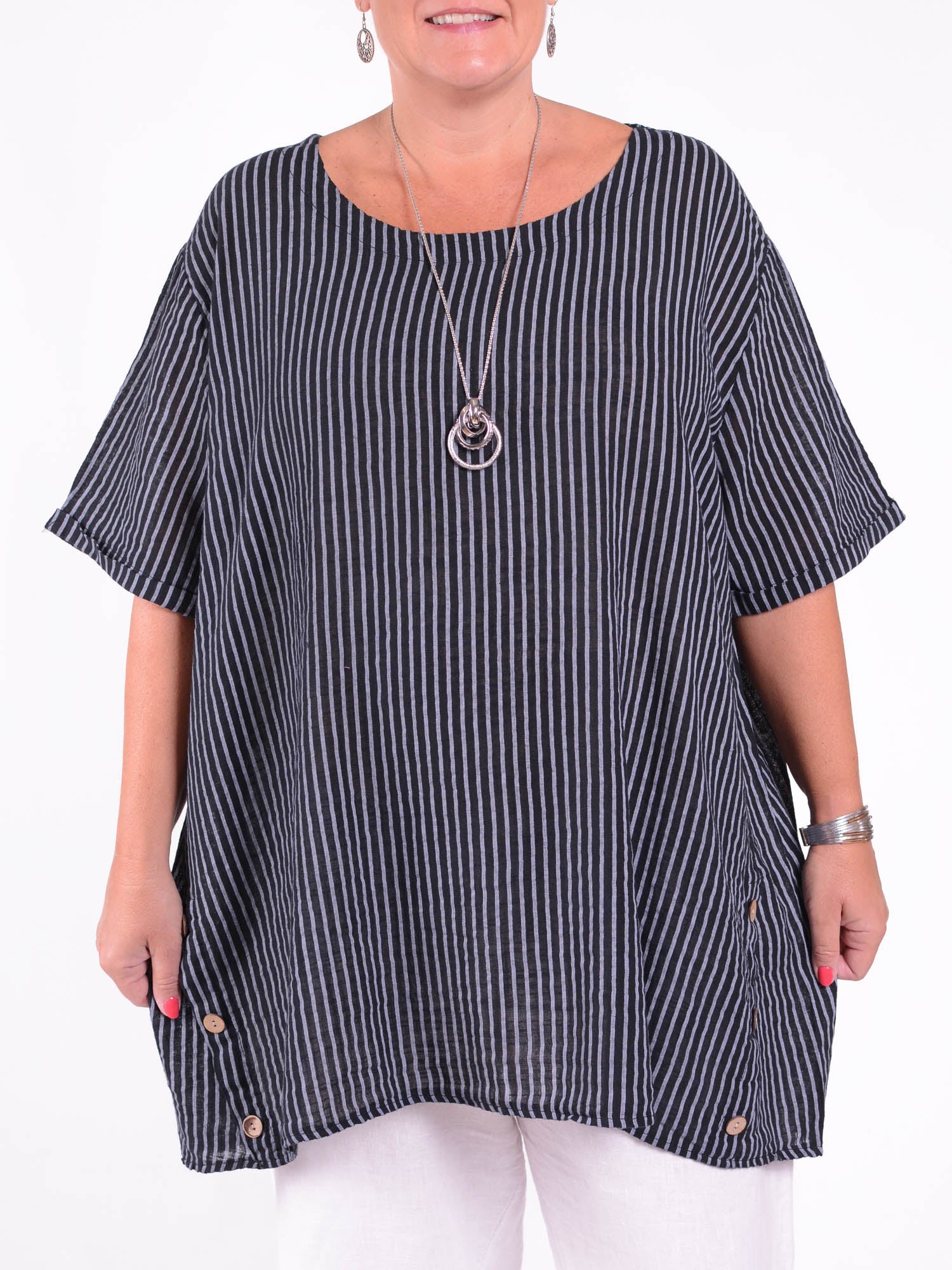 Lagenlook Stripe Cotton Button Tunic - 11684, , Pure Plus Clothing, Lagenlook Clothing, Plus Size Fashion, Over 50 Fashion