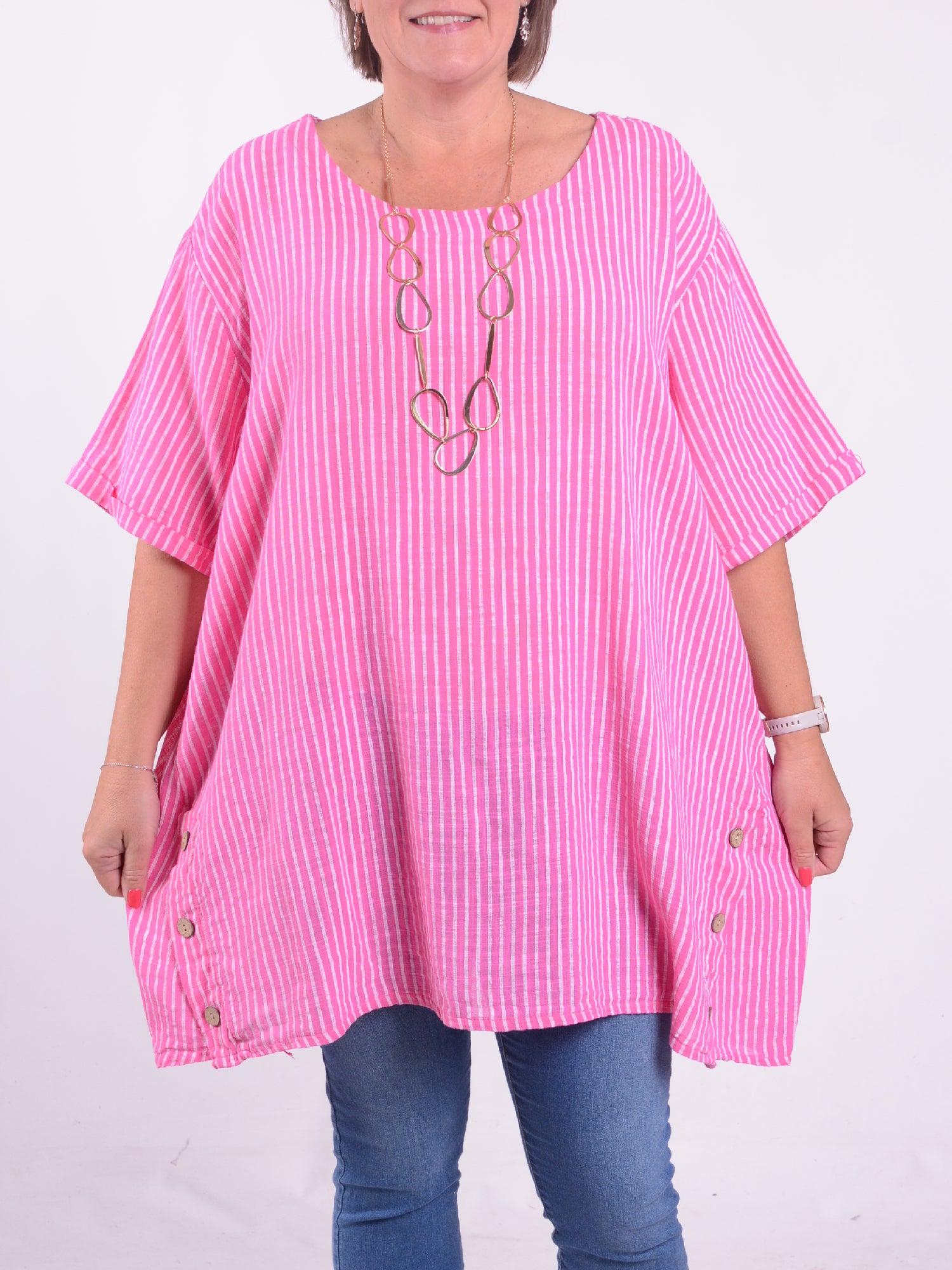 Lagenlook Stripe Cotton Button Tunic - 11684, , Pure Plus Clothing, Lagenlook Clothing, Plus Size Fashion, Over 50 Fashion