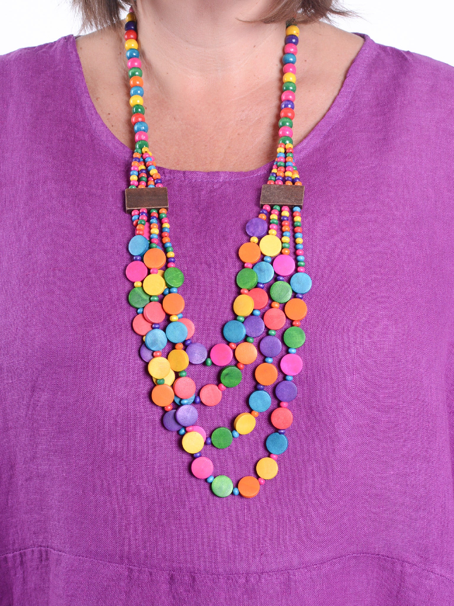 Lagenlook Multicoloured Multi layered Wooden Necklace - PURE3, , Pure Plus Clothing, Lagenlook Clothing, Plus Size Fashion, Over 50 Fashion