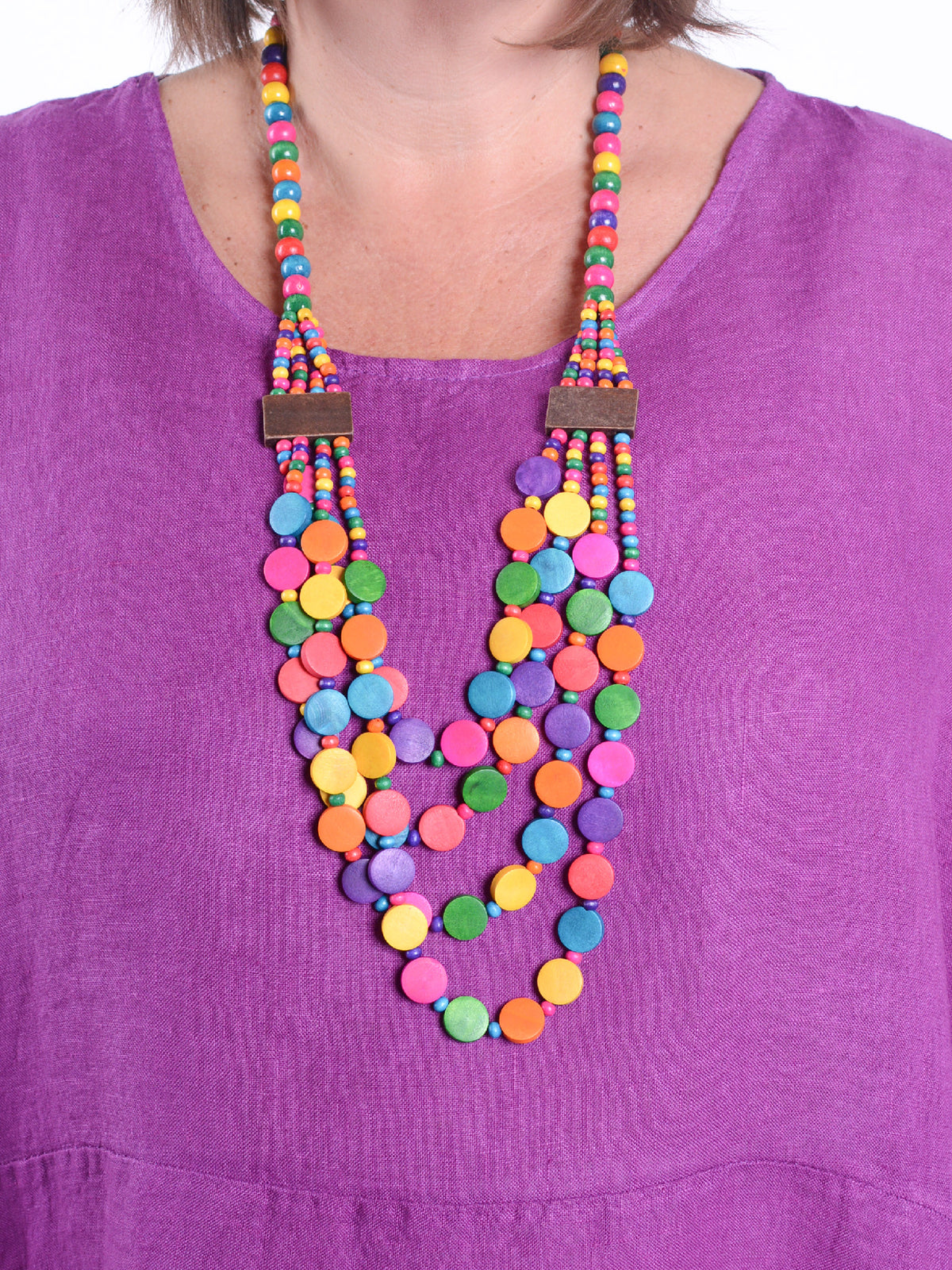 Lagenlook Multicoloured Multi layered Wooden Necklace - PURE3, , Pure Plus Clothing, Lagenlook Clothing, Plus Size Fashion, Over 50 Fashion