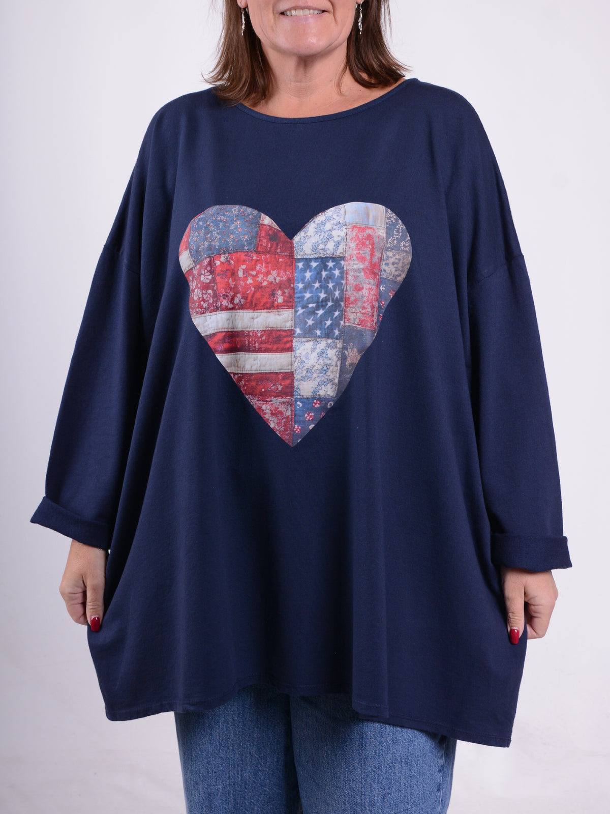 Sweatshirt with Patchwork Heart - 9482PH, Tops & Shirts, Pure Plus Clothing, Lagenlook Clothing, Plus Size Fashion, Over 50 Fashion