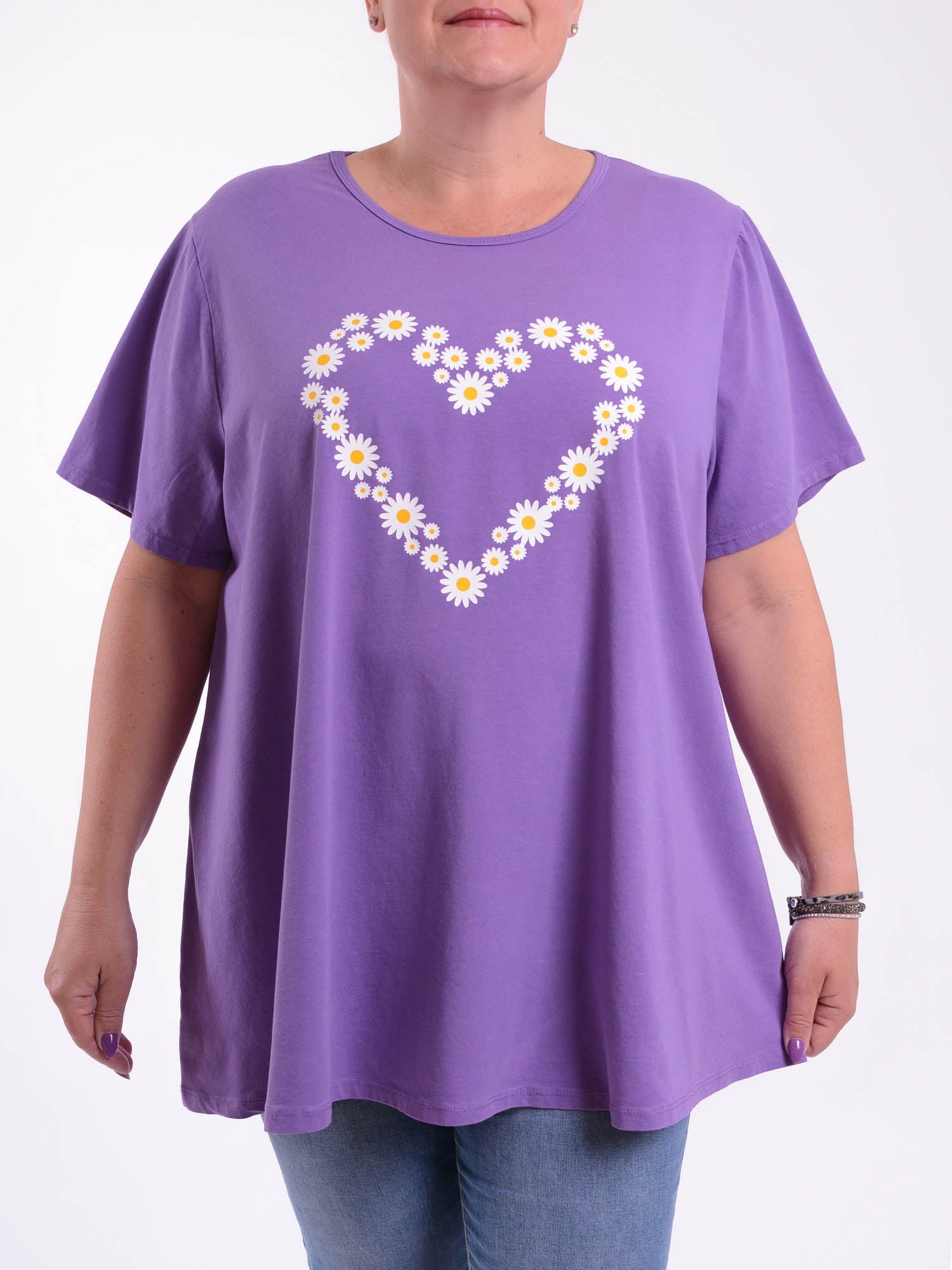 Basic Cotton Swing T Shirt - Round Neck 10516 DAISY HEART, Tops & Shirts, Pure Plus Clothing, Lagenlook Clothing, Plus Size Fashion, Over 50 Fashion