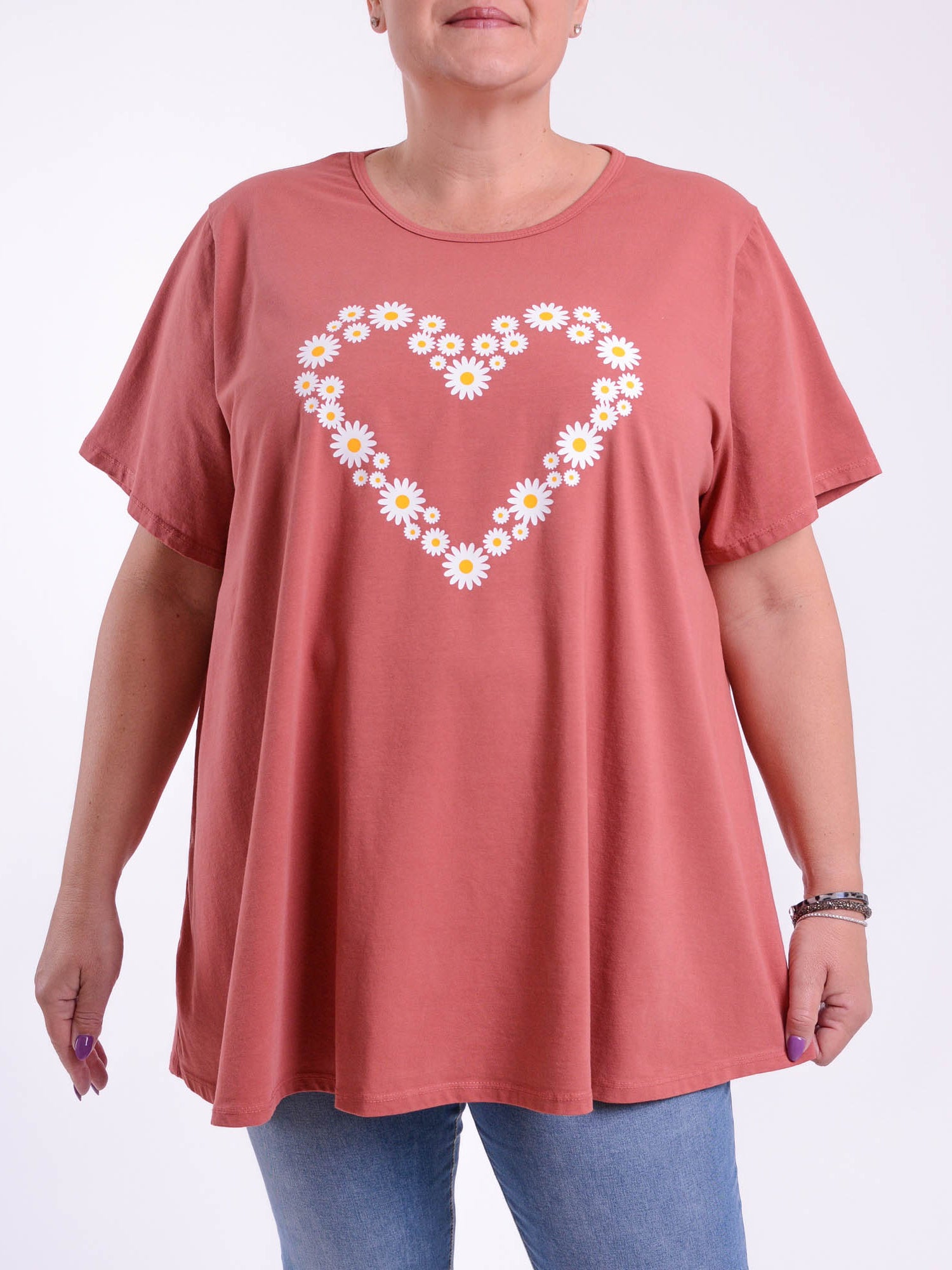Basic Cotton Swing T Shirt - Round Neck 10516 DAISY HEART, Tops & Shirts, Pure Plus Clothing, Lagenlook Clothing, Plus Size Fashion, Over 50 Fashion