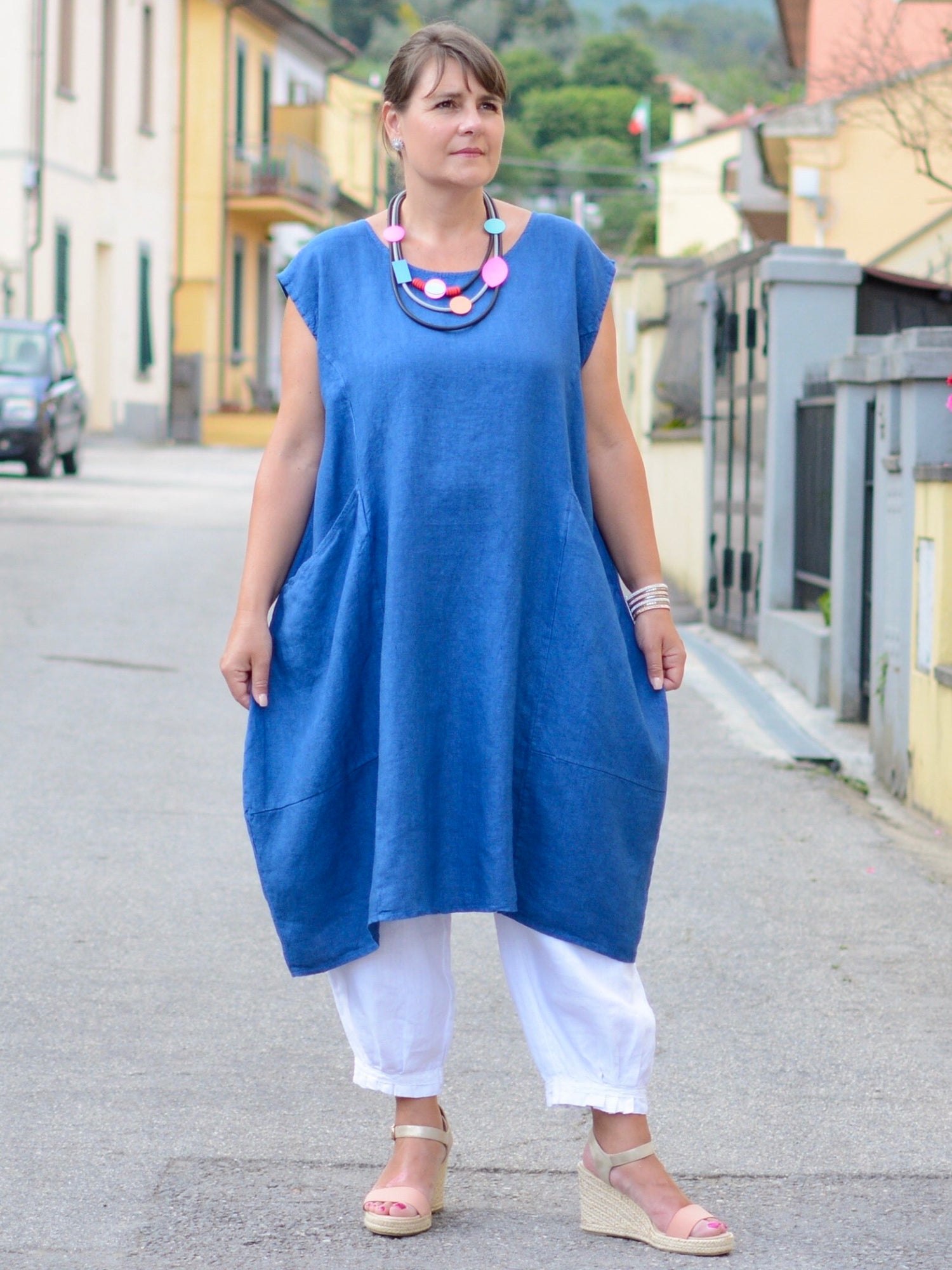 Lagenlook Plus Size Linen Cap Sleeve Dress with Deep Pockets - 9450 Linen, Dresses, Pure Plus Clothing, Lagenlook Clothing, Plus Size Fashion, Over 50 Fashion