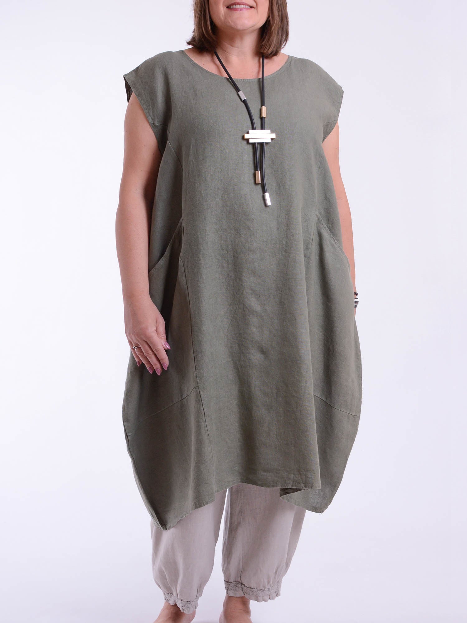 Lagenlook Plus Size Linen Cap Sleeve Dress with Deep Pockets - 9450 Linen, Dresses, Pure Plus Clothing, Lagenlook Clothing, Plus Size Fashion, Over 50 Fashion