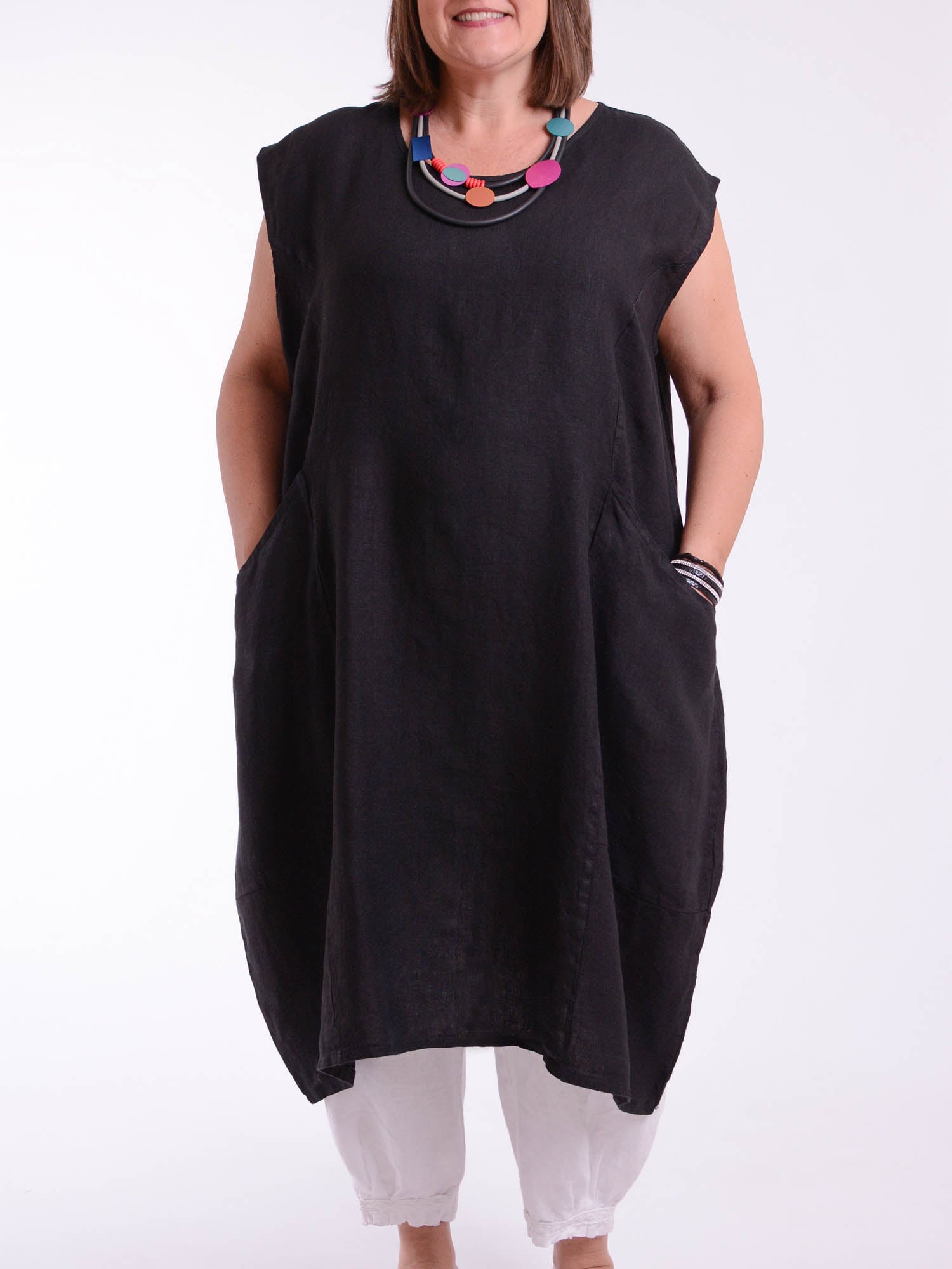 Lagenlook Plus Size Linen Cap Sleeve Dress with Deep Pockets - 9450 Linen, Dresses, Pure Plus Clothing, Lagenlook Clothing, Plus Size Fashion, Over 50 Fashion