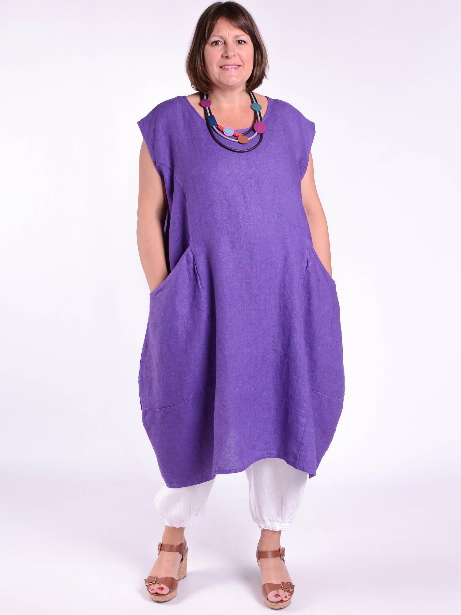 Lagenlook Plus Size Linen Cap Sleeve Dress with Deep Pockets - 9450 Linen, Dresses, Pure Plus Clothing, Lagenlook Clothing, Plus Size Fashion, Over 50 Fashion