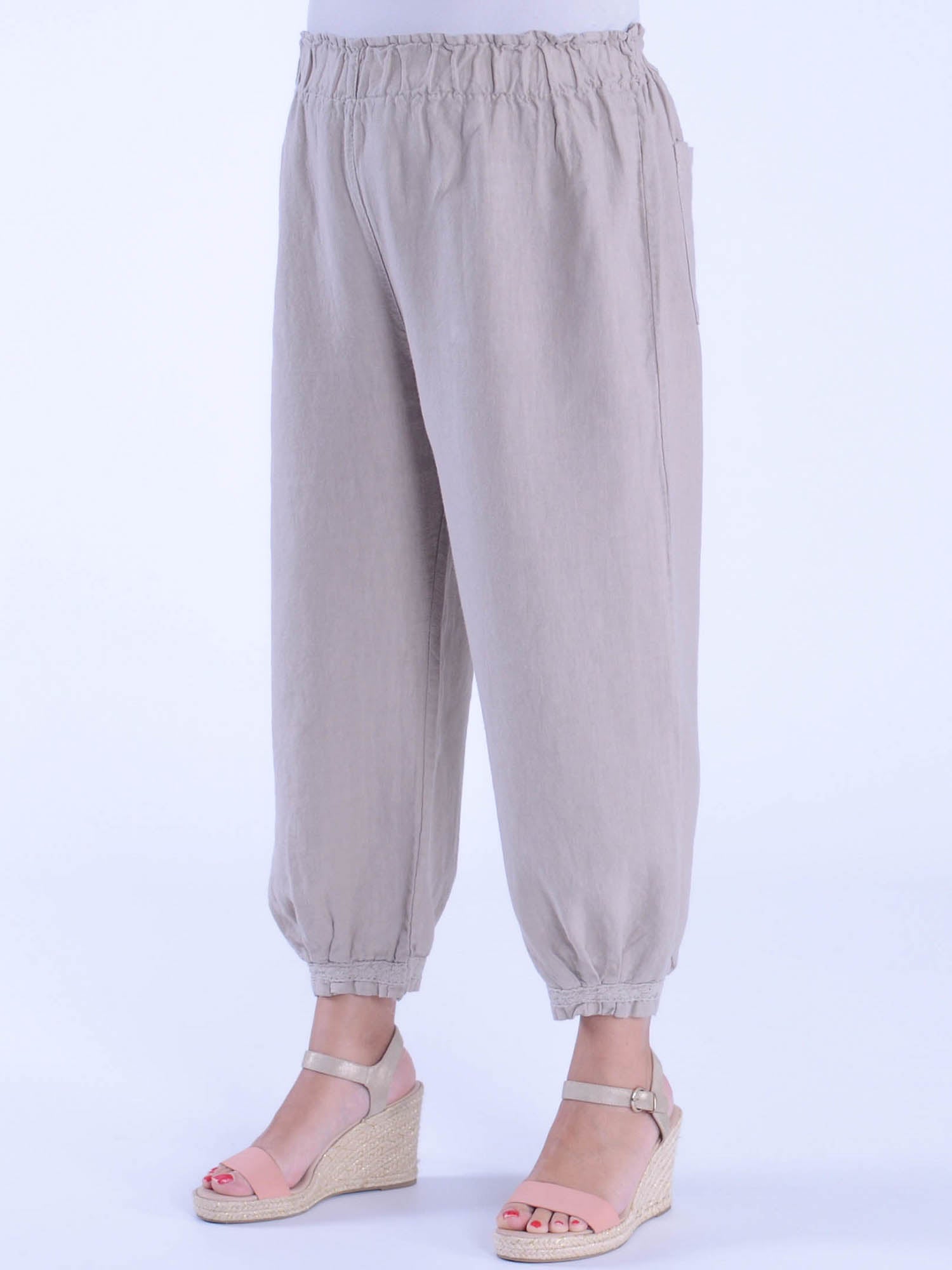Lace Trim Linen Trousers - 9466, Trousers, Pure Plus Clothing, Lagenlook Clothing, Plus Size Fashion, Over 50 Fashion