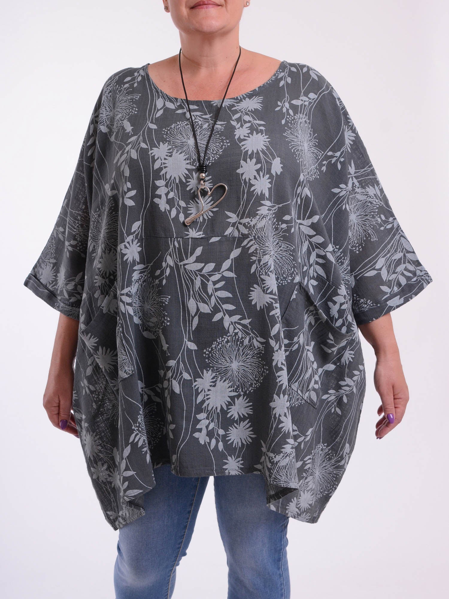 Lagenlook Oversized Cotton Tunic - 10077 FLORAL, Tops & Shirts, Pure Plus Clothing, Lagenlook Clothing, Plus Size Fashion, Over 50 Fashion
