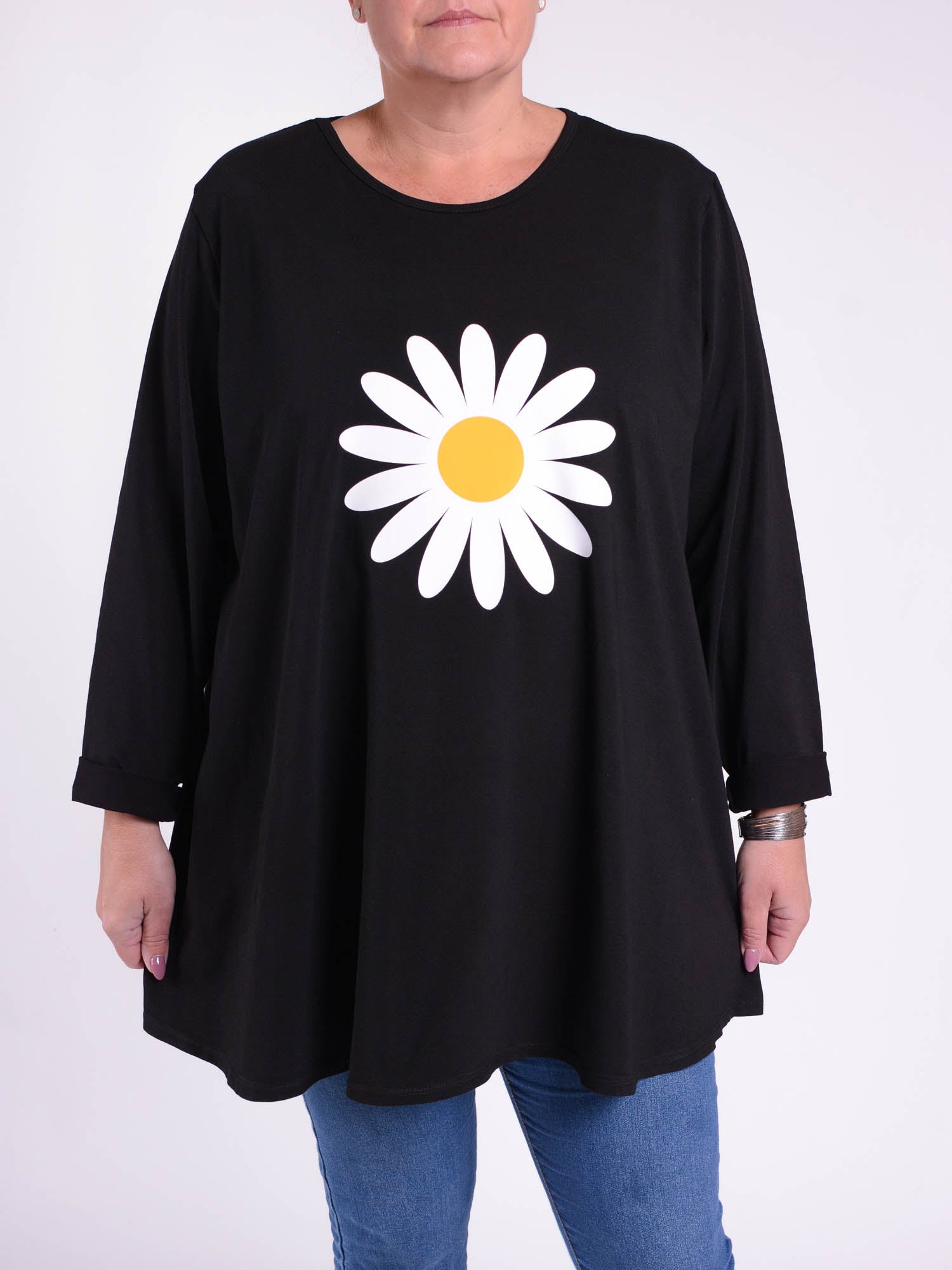 Cotton Swing Top Round Neck Long Sleeve - 20516 BIG DAISY, Tops & Shirts, Pure Plus Clothing, Lagenlook Clothing, Plus Size Fashion, Over 50 Fashion