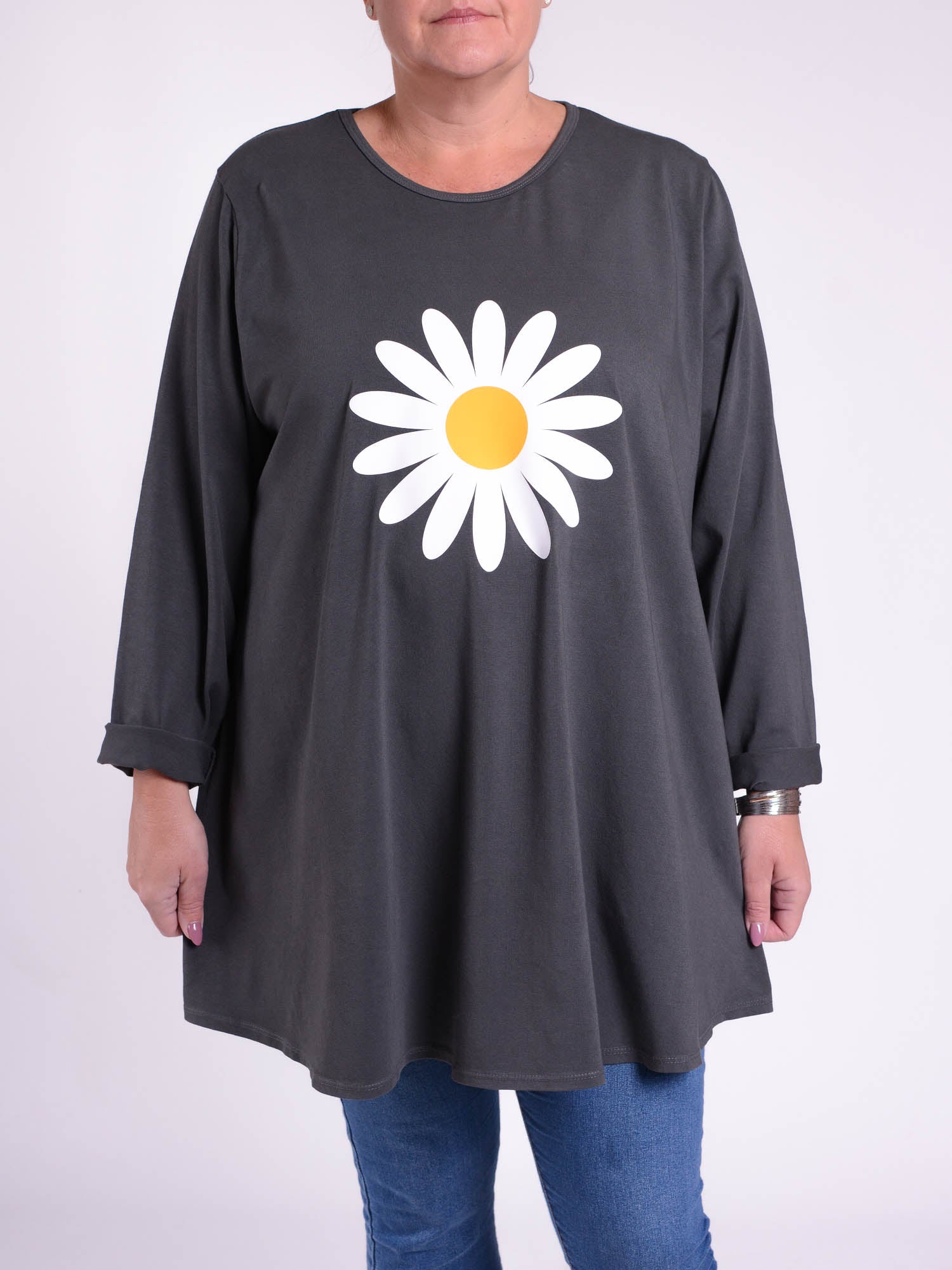 Cotton Swing Top Round Neck Long Sleeve - 20516 BIG DAISY, Tops & Shirts, Pure Plus Clothing, Lagenlook Clothing, Plus Size Fashion, Over 50 Fashion