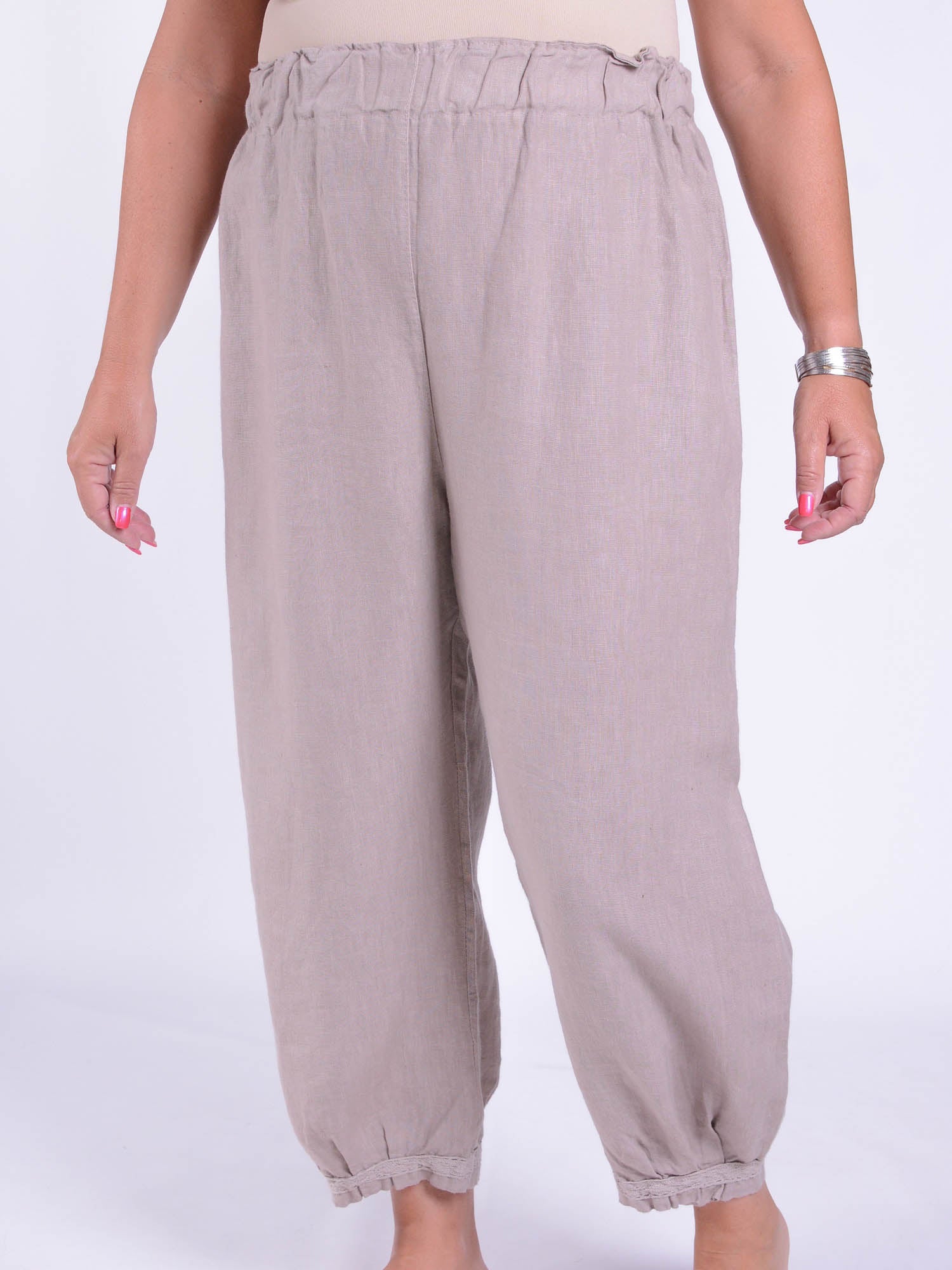 Lace Trim Linen Trousers - 9466, Trousers, Pure Plus Clothing, Lagenlook Clothing, Plus Size Fashion, Over 50 Fashion