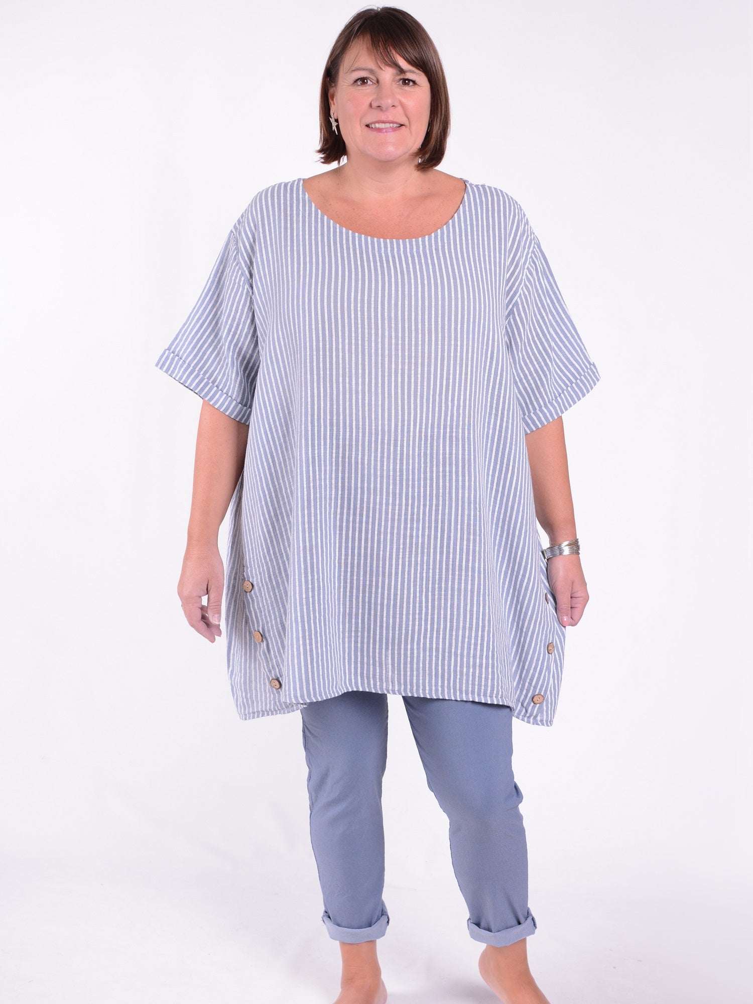 Lagenlook Stripe Cotton Button Tunic - 11684, , Pure Plus Clothing, Lagenlook Clothing, Plus Size Fashion, Over 50 Fashion