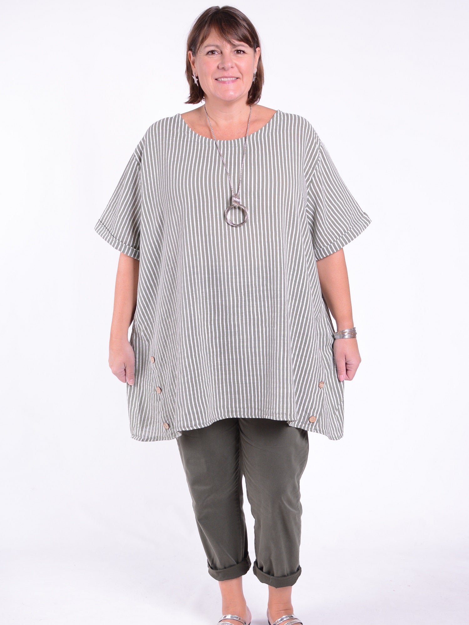 Lagenlook Stripe Cotton Button Tunic - 11684, , Pure Plus Clothing, Lagenlook Clothing, Plus Size Fashion, Over 50 Fashion